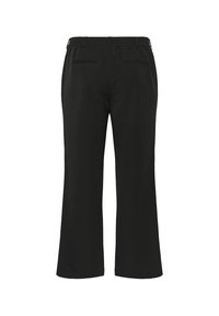 Črne široke hlače z elastičnim pasom, dvema zadnjima žepoma in gladko teksturo, ki prikazujejo preprost in minimalističen dizajn.