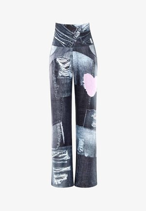 Laiad denimsiruvid, mis sisaldavad kirbuturustiili erinevates sinistes toonides, fraktsioonidega ja roosa südame detailiga. Kõrge vöökoht.