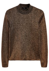 Maglione in maglia bronzo con una superficie testurizzata e scintillante; presenta un collo alto e maniche lunghe, offrendo una vestibilità comoda.