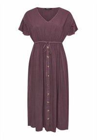Långärmad, kortärmad, lila klänning med samlad midja, knappfram och knytbälte. Mjuk texturerad tyg med en avslappnad passform.
