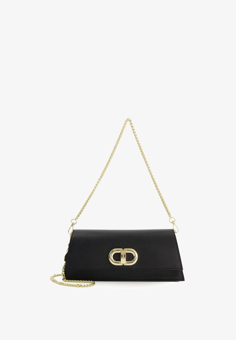 Black leather clutch with a gold chain strap, featuring a distinctive oval clasp and a textured finish, compact rectangular shape.