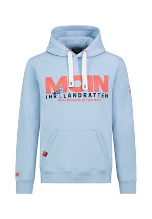 Hellblauer Hoodie aus weichem Stoff, mit einer Kängurutasche vorne, einem Kapuzenzug und kräftigem, grafischem Text in Rot und Schwarz. Mit einer Akzent-Vogel-Illustration.