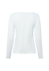 Long-sleeve white shirt shown from the back with a round neckline and fitted silhouette on a white background.