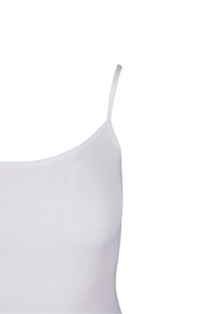 White sleeveless camisole top with thin straps. Made from smooth cotton fabric, featuring a rounded neckline and a fitted shape.