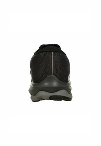 Schwarzsportlicher Schuh mit einer strukturierten Strickoberfläche, gerundetem Absatz und einer gepolsterten Sohle mit wellenförmigem Design.