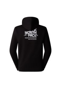 Sweat à capuche noir avec le logo blanc "THE NORTH FACE" et un motif de montagne centré dans le haut du dos, incluant la phrase "NEVER STOP EXPLORING."