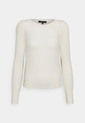 Light cream knitted sweater with long sleeves, round neckline, textured fabric, and ribbed cuffs and hem. Classic fit with subtle design details.