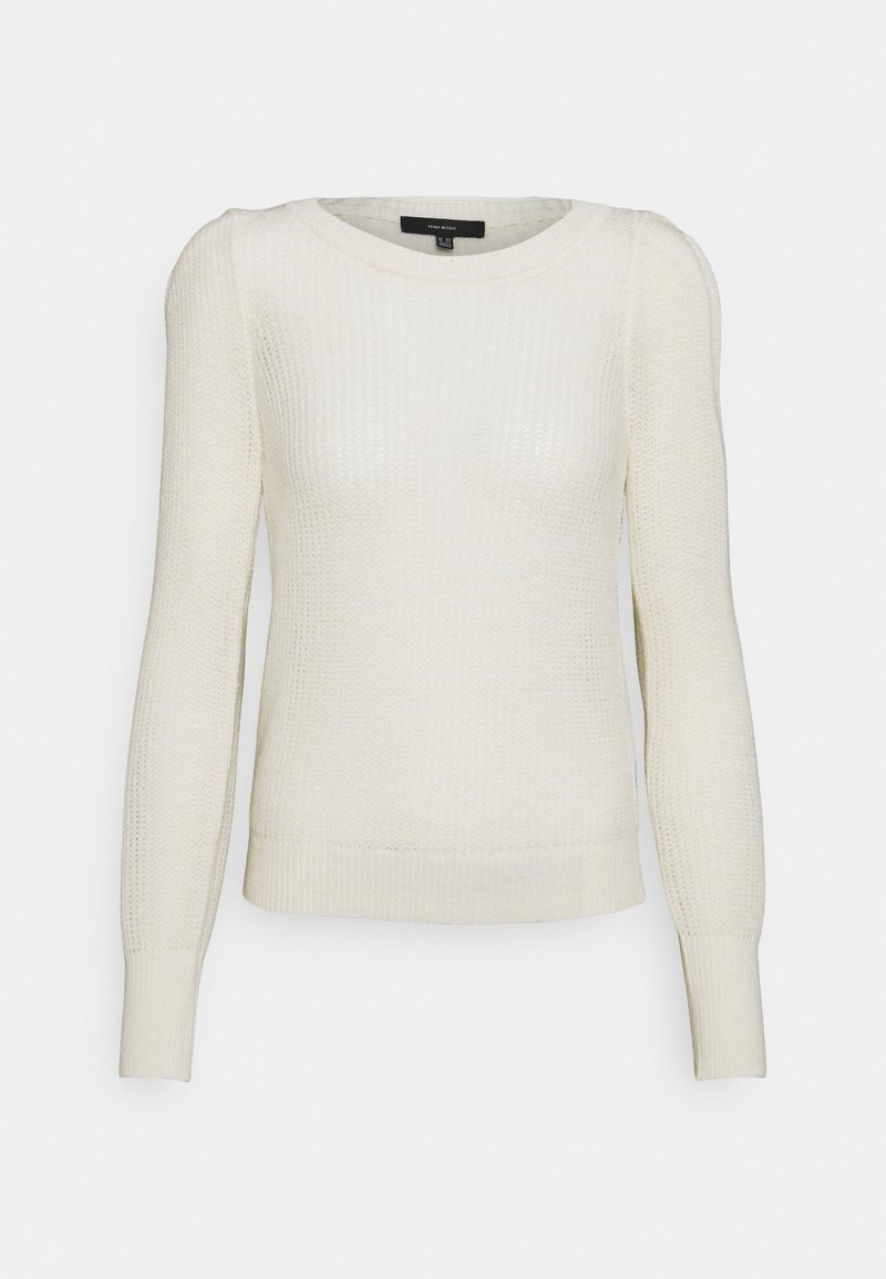 Helles, gestricktes Creme-Sweatshirt mit langen Ärmeln, rundem Ausschnitt, strukturiertem Stoff und gerippten Bündchen und Saum. Klassische Passform mit subtilen Designdetails.