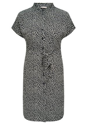 Schwarzes kurzärmeliges Hemdkleid mit weißem unregelmäßigem Punktmuster, vorderen Knöpfen, Stehkragen und Taillengürtel.