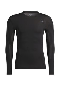 Black long-sleeve athletic shirt featuring a smooth fabric body and mesh accents on the sleeves. Reebok logo in silver on the chest.