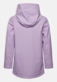 Lavender waterproof jacket with a hood, long sleeves, and visible stitching details. Smooth texture and a straight cut at the hem.
