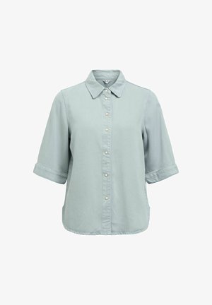 Hele sinine lühikeste varrukatega särgi stiilis pluus kraega ja hõbedaste pressnuppudega, veidi lõdva istuvusega, vabaaja stiilis.