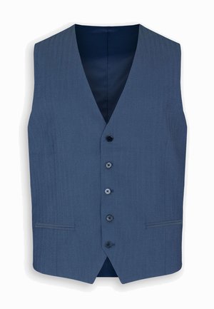 Niebieska, dopasowana męska kamizelka z pięcioma guzikami i dwoma przednimi kieszeniami z wpustem, wyposażona w gładką, ciemnoniebieską podszewkę.