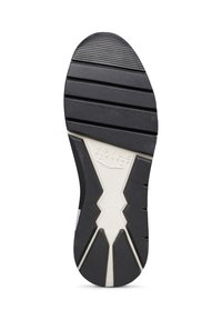 Suola di scarpa in gomma nera con scanalature orizzontali e verticali, caratterizzata da un accento bianco a forma di zigzag e nome del marchio in rilievo.