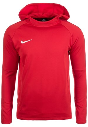 Rød Nike Dri-FIT langærmet hættetrøje med hvid Nike Swoosh-logo på venstre bryst.