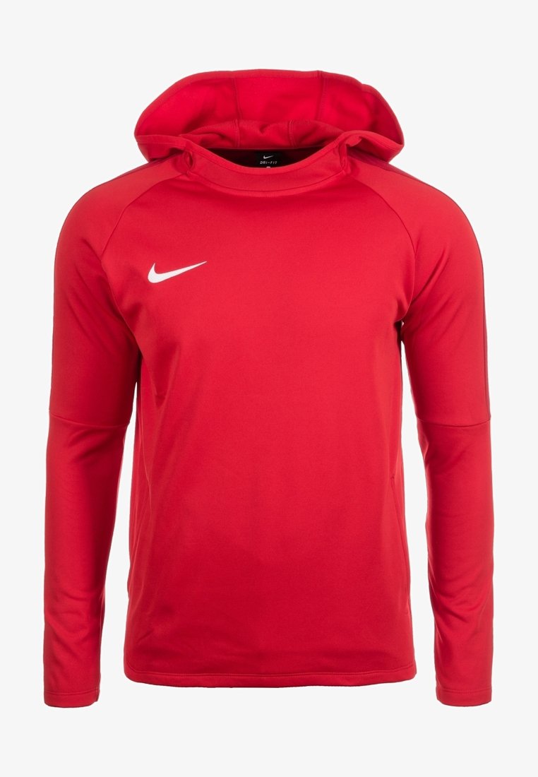 Haut de sport à manches longues avec capuche Nike Dri-FIT rouge, avec un logo Nike swoosh blanc sur la poitrine gauche.