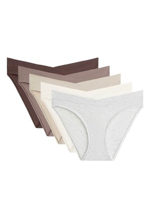 Fem kvinders bomuldsbikinibukser i nuancer fra lysegrå til mørkebrun, arrangeret overlappende i en vifteform.