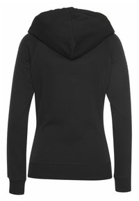 Black hoodie with a front kangaroo pocket, adjustable drawstring hood, ribbed cuffs, and a smooth fabric texture.