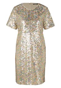 Robe à manches courtes, longueur au genou, recouverte de sequins irisés avec un col rond et une fermeture éclair au dos.