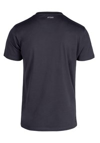 Dunkelgraues T-Shirt mit kurzen Ärmeln aus Baumwolle. Verfügt über einen runden Halsausschnitt und das "SPITZBUB"-Logo auf der oberen Rückseite. Glatte Textur.