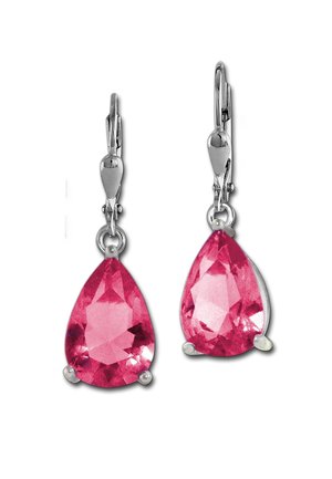 Pink teardrop earrings with faceted gemstones, set in silver hardware, feature a leverback design for secure wear.