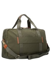 Borsa da viaggio verde oliva realizzata in nylon con inserti in pelle, manici doppi, tracolla regolabile e chiusura a zip. Forma rettangolare.