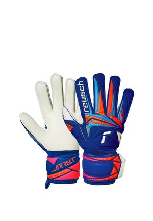 Pair of blue and orange Reusch goalkeeper gloves with padded palms and adjustable wrist straps labeled "ATTRAKT."