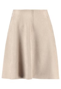 Falda A-line de ante beige con una textura suave, un brillo sutil y una costura central en la parte posterior para mayor estructura. Diseño de longitud media y con vuelo.