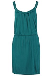 Robe sans manches bleu sarcelle avec encolure froncée et bretelles doubles tressées, taille élastique et ourlet droit au genou.