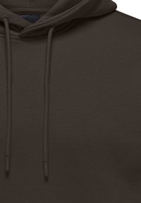 Donkerbruine hoodie met een gestructureerde stof, verstelbare trekkoorden en een buidelzakopening aan de voorkant.