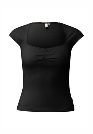 Czarny prążkowany top z krótkim rękawem, z kwadratowym dekoltem i marszczeniem na środku przodu.