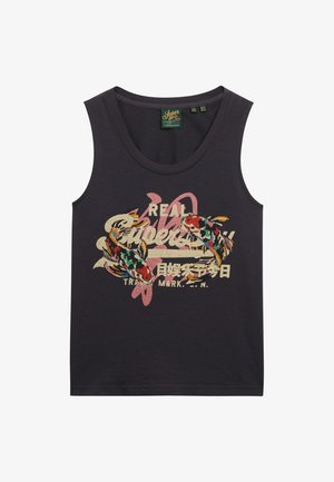 Grijze mouwloze tanktop met een kleurrijke koi-vis graphic en tekstontwerp. Gemaakt van zachte katoen met een ronde halslijn en een ontspannen pasvorm.