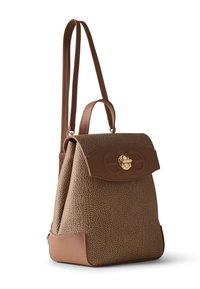 Brown textured leather backpack with adjustable straps, top handle, and gold twist-lock clasp on front flap.