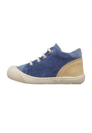 Scarpa da ginnastica per bambino in pelle scamosciata blu con toppa beige sul tallone, lacci bianchi e suola in gomma testurizzata, vista laterale su sfondo bianco.
