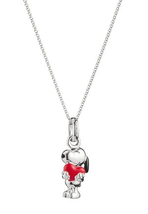 Silberanhänger mit einem Cartoon-Hund, der ein rotes Herz hält. Die Kette ist zart und hat ein klassisches Gliederdesign.