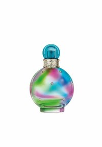 Pyöreä lasinen hajuvesipullo, jossa on monivärinen kiehuva kuvio sinisellä, vihreällä, vaaleanpunaisella ja violetilla; siinä on teksturoitu hopeinen kaula ja sininen korkki.