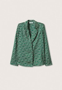 Grüner Blazer mit einem geometrischen weißen Kettenmuster, einreihigem Design, Reverskragen und langen Ärmeln. Glatte Stofftextur.