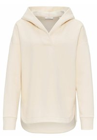 Beige mikina s V-výstřihem a kapucí. Obsahuje dlouhé rukávy, volný střih a mírně delší zadní lem. Měkká textura, minimalistický design.