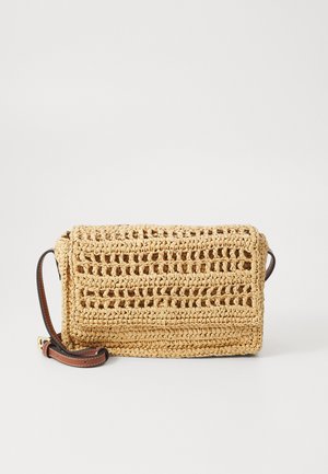 Woven straw crossbody bag in beige with a rectangular shape, featuring an open weave pattern and a brown adjustable strap.