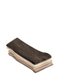 Set di quattro calzini a coste in tonalità di marrone e beige. Tessuto a maglia morbido, lunghezze variabili, con una superficie liscia e bordi a coste.