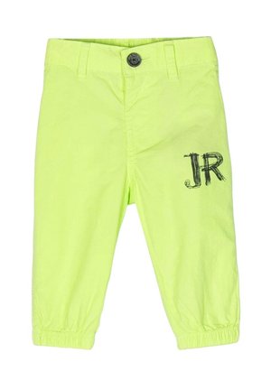 Pantaloni per bambini di colore giallo neon con polsini elasticizzati e una stampa nera 'JR' davanti, realizzati in materiale di cotone leggero.