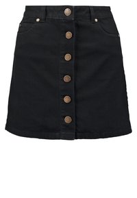 Svart denimkjol med en åtsittande design, framknäppning med mässingsknappar, två framfickor och en längd som går till mitten av låret.