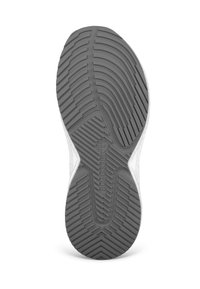 Flexible graue Gummisohle mit strukturiertem Muster für Grip, einem glatten weißen Rand. Logo in der Mitte geprägt.