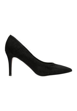 Escarpin noir en daim à talons hauts avec un nez pointu et une silhouette élégante. Présente un talon fin et une texture lisse. Design classique.