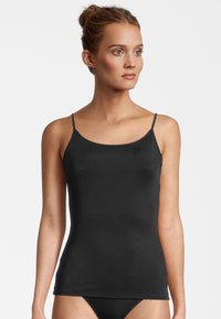 Black camisole with thin straps, featuring a smooth, fitted design and stretch fabric, ideal for layering or casual wear.