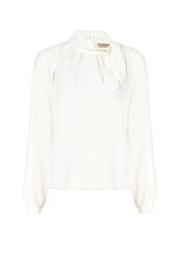 Weiße Bluse mit langen, puffartigen Ärmeln und einer gebundenen Schleifendetail am Ausschnitt. Glatter Stoff mit lockerer Passform und subtiler Satinoberfläche.
