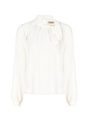 Weiße Bluse mit langen, puffartigen Ärmeln und einer gebundenen Schleifendetail am Ausschnitt. Glatter Stoff mit lockerer Passform und subtiler Satinoberfläche.