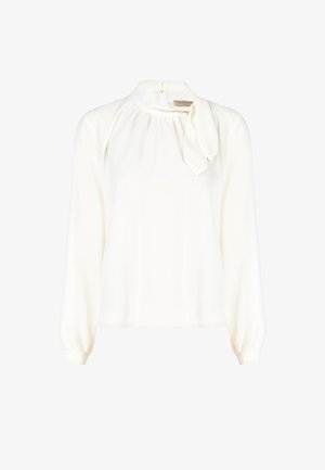 Weiße Bluse mit langen, puffartigen Ärmeln und einer gebundenen Schleifendetail am Ausschnitt. Glatter Stoff mit lockerer Passform und subtiler Satinoberfläche.