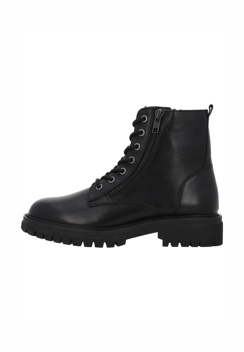Bottine noire en cuir avec fermeture éclair latérale, lacets sur le devant, semelle robuste et languette à l’arrière pour un enfilage facile.