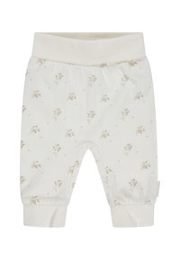 Hübsche cremefarbene Babypants mit elastischem Bund und Bündchen, verziert mit einem kleinen beigen Blumenmuster überall.